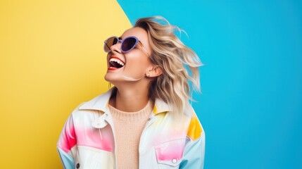 Excited hipster girl in colourful jacket smiling wide against yellow and blue studio background. Happy Ukrainian young woman laughing, freedom concept. Female in sunglasses celebrating win, happiness.