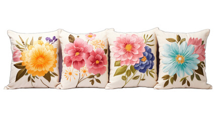 Floral Embroidered Pillows Set Isolated on Transparent or White Background, PNG