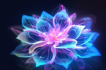 Futuristic flower , neon light glow blossom wireframe, background.