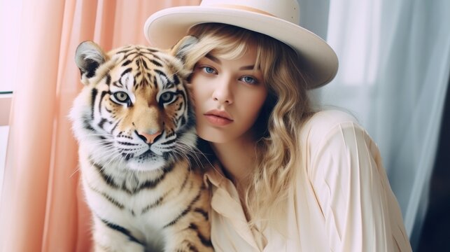 Hipster thoughtful young lady in hat and pastel blouse posing with little tiger looks at camera with confident face expression. Save our planet, animals. Portrait of girl with pet.