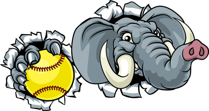 An elephant animal softball sports team cartoon mascot