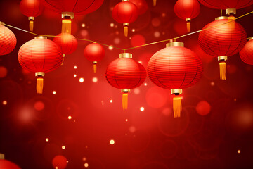 Fototapeta premium Chinese New year paper lantern red hanging in row. In Chinatown, firecracker celebration in Year of Dragon. One of most important festivals of Chinese people. New Year's Day according calendar.