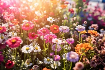 Flower field in sunlight, spring or summer garden background.