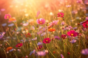 Flower field in sunlight, spring or summer garden background.