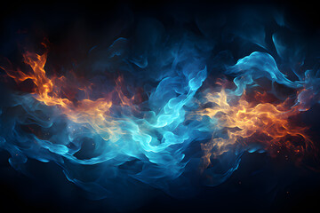 Background Abstract Texture. Black, blue and orange flame. Artistic design of flames that represents heat, power, hell, passion and danger. Pattern to make wallpaper along walls of houses, building. - obrazy, fototapety, plakaty