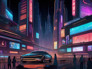 A futuristic cityscape at night