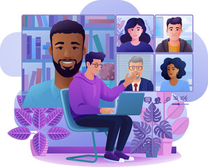 A man, person, conference calling using a laptop computer on an online internet virtual video conference call team meeting. Conferencing concept cartoon illustration.