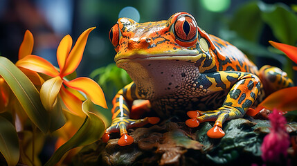 Portrait amphibian frog in the grass - obrazy, fototapety, plakaty