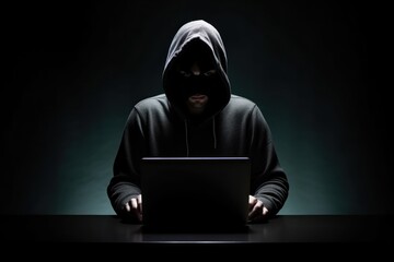 Man hacker with serious expression hacks websites using technology amid miscalculations. Illegal activities and hacking competitive person in online space. Computer knowledge and skills to access info
