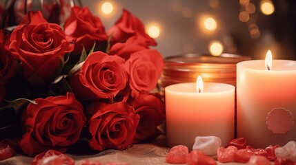 romantic interior with red burning candles and roses