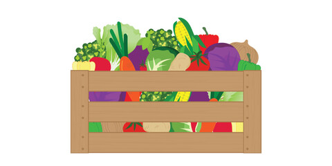 Wooden box filled with assorted fresh vegetables.