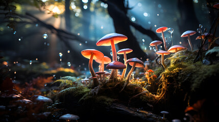 A mesmerizing capture of a variety of mushrooms thriving in a mystical forest, showcasing the...