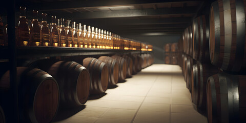 Storage room of a Spanish bodega. Barrels and bottles of brandy. Edited AI illustration. - obrazy, fototapety, plakaty