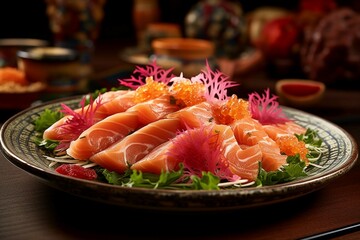 a vibrant plate of salmon sashimi, highlighting the luscious and fresh cuts of raw salmon that melt in your mouth