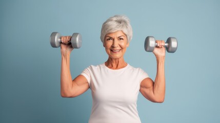 Fototapeta na wymiar Active Aging: Senior Woman Engaging in Exercise with Dumbbells, Promoting Health and Well-Being through Physical Activity.