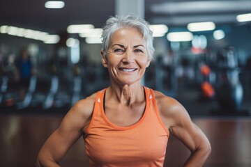 Older Woman in Gym smiling, Smiling senior woman in a gym, very fit - obrazy, fototapety, plakaty