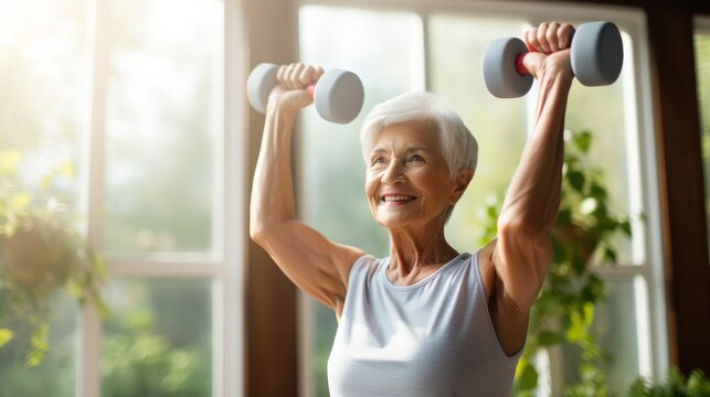 Active Aging: Senior Woman Engaging in Exercise with Dumbbells, Promoting Health and Well-Being through Physical Activity.