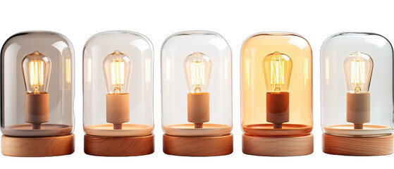Set of Scandinavian Table Lamps with Wooden Accents Isolated on Transparent or White Background, PNG