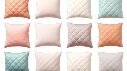 Quilted Pastel-Colored Pillows Isolated on Transparent or White Background, PNG