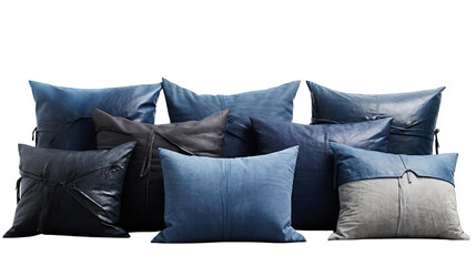 Denim and Leather Mix-and-Match Pillows Isolated on Transparent or White Background, PNG