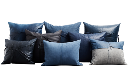 Denim and Leather Mix-and-Match Pillows Isolated on Transparent or White Background, PNG