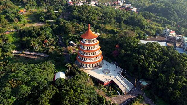 Aerial 4k footage of Wuji Tianyuan Temple by drone in Tamsui, New Taipei City, Taiwan. A famous Taiwan temple that have cherry blossoms during spring.