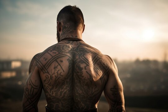 Back view of tattooed gladiator brutal. Muscular male barbarian bodybuilder athlete. Generate ai