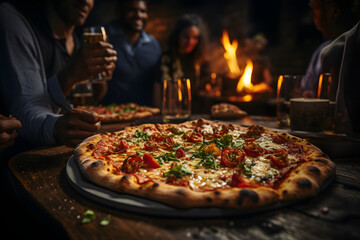 Delicious pizza being shared among friends. - obrazy, fototapety, plakaty