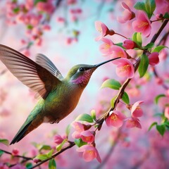 hummingbird in flight  and flowers background photo
