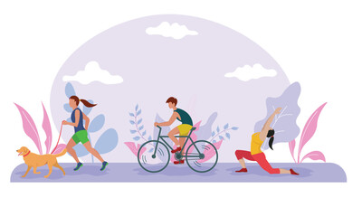 Healthy Lifestyle Concept. Active People Exercising in Park. Outdoor Activities. Vector illustration