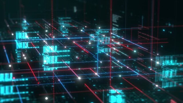 abstract complex neural data network with programming code, concept of web development, machine learning, artificial intelligence, futuristic technology (3d render)