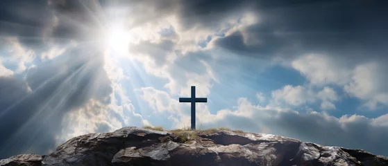 Foto op Plexiglas the holy Cross christ stone in the mountains. Christian symbol of faith. Happy easter. Silhouettes of crucifix symbol on top mountain with sky background. Generative ai © Mickael