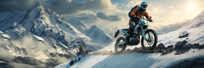 Person riding a motorcycle over snowy mountains and snow path