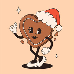 Christmas foods and drinks design with coffee, hot cocoa, cookie, gingerbread, present, christmas tree in trendy retro cartoon style. Character in groovy 50s, 60s, 70s Vintage Style