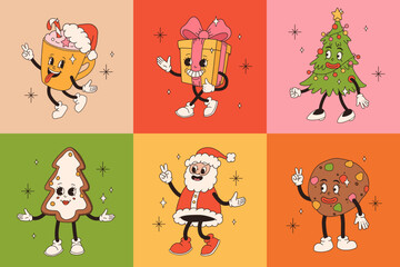 Christmas retro collection 30s cartoon mascot characters. Santa, Christmas tree, sock, cup. 50s, 60s old animation style. Vintage comic merry Christmas vector. Cheerful, happy emotions