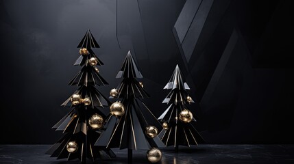 Black ornaments decorated Christmas tree background. Merry Christmas, Happy New Year concept. Beautiful festive dark glitter decorations balls and bokeh garland lights..