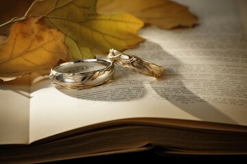 Two golden wedding rings book page with autumn leaves. Matrimony couple ceremony gold jewelry. Generate ai