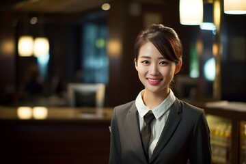 Service with a Smile: The Friendly Demeanor of a Young Asian Woman, Serving as a Hotel Receptionist, Promising Guests a Stay Full of Comfort and Courtesy