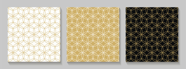 Seamless gold oriental patterns set. Islamic templates with shadows. Arabic linear textures. Vector brochures.