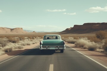 Vintage car driving in the middle of desert road. Collection old automobile on savannah pathway. Generate ai - obrazy, fototapety, plakaty