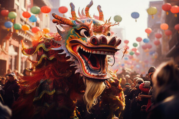 A festive image capturing a vibrant dragon parade during Chinese New Year celebrations, blending cultural tradition with the mythical dragon motif. - obrazy, fototapety, plakaty