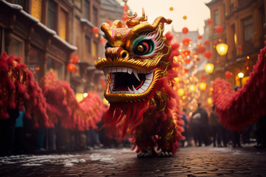 A festive image capturing a vibrant dragon parade during Chinese New Year celebrations, blending cultural tradition with the mythical dragon motif.