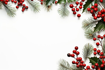 Christmas Background with Red Berries on White Background