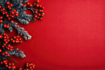 Christmas Background with Red Berries on Red Background