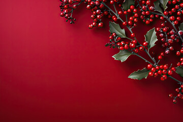 Obraz na płótnie Canvas Christmas Background with Red Berries on Red Background