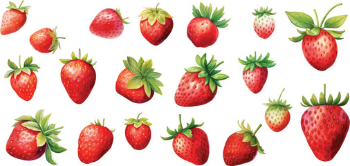 Set of watercolor strawberries on white background.