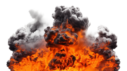Large fireball with black smoke. fiery explosion with smoke isolated on transparent background, png. 
