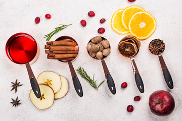 Hot mulled wine ingredients. Autumn or winter warm drink preparation. Top view. Copy space