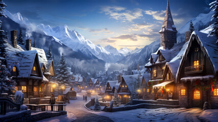 Winter Wonderland Village Scene.  Generated Image.  A digital rendering of a snow covered mountain village with a winter wonderland theme.