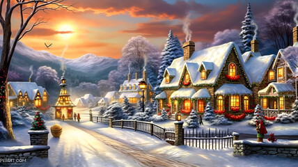 Winter Wonderland Village Scene.  Generated Image.  A digital rendering of a snow covered mountain village with a winter wonderland theme.
